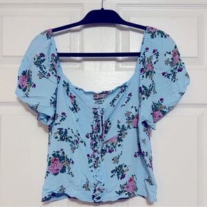 SO Light Blue Floral Puff Sleeve Blouse, Peasant Top